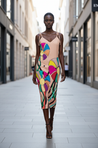 Woman wearing a colorful dress walking down a city street.