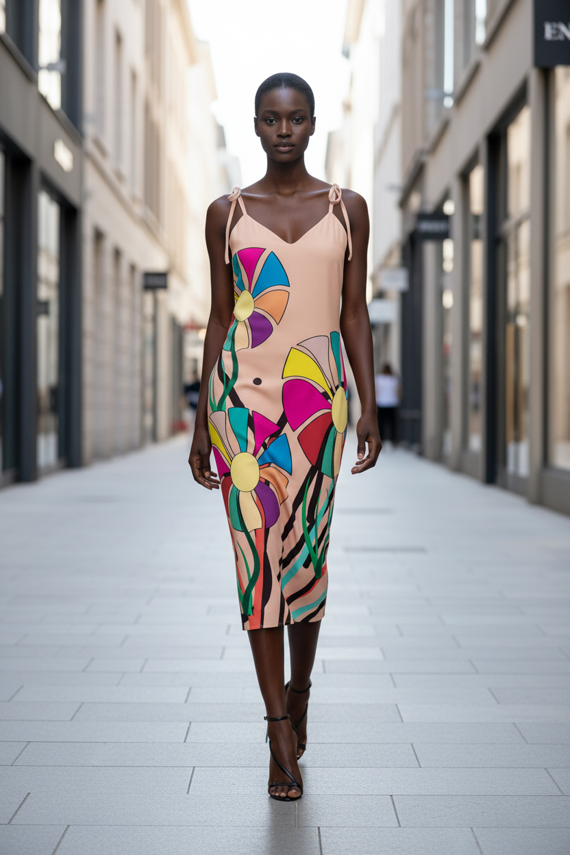 Woman wearing a colorful dress walking down a city street.