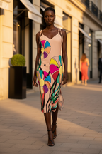Model wearing a colorful dress walking on a city street.