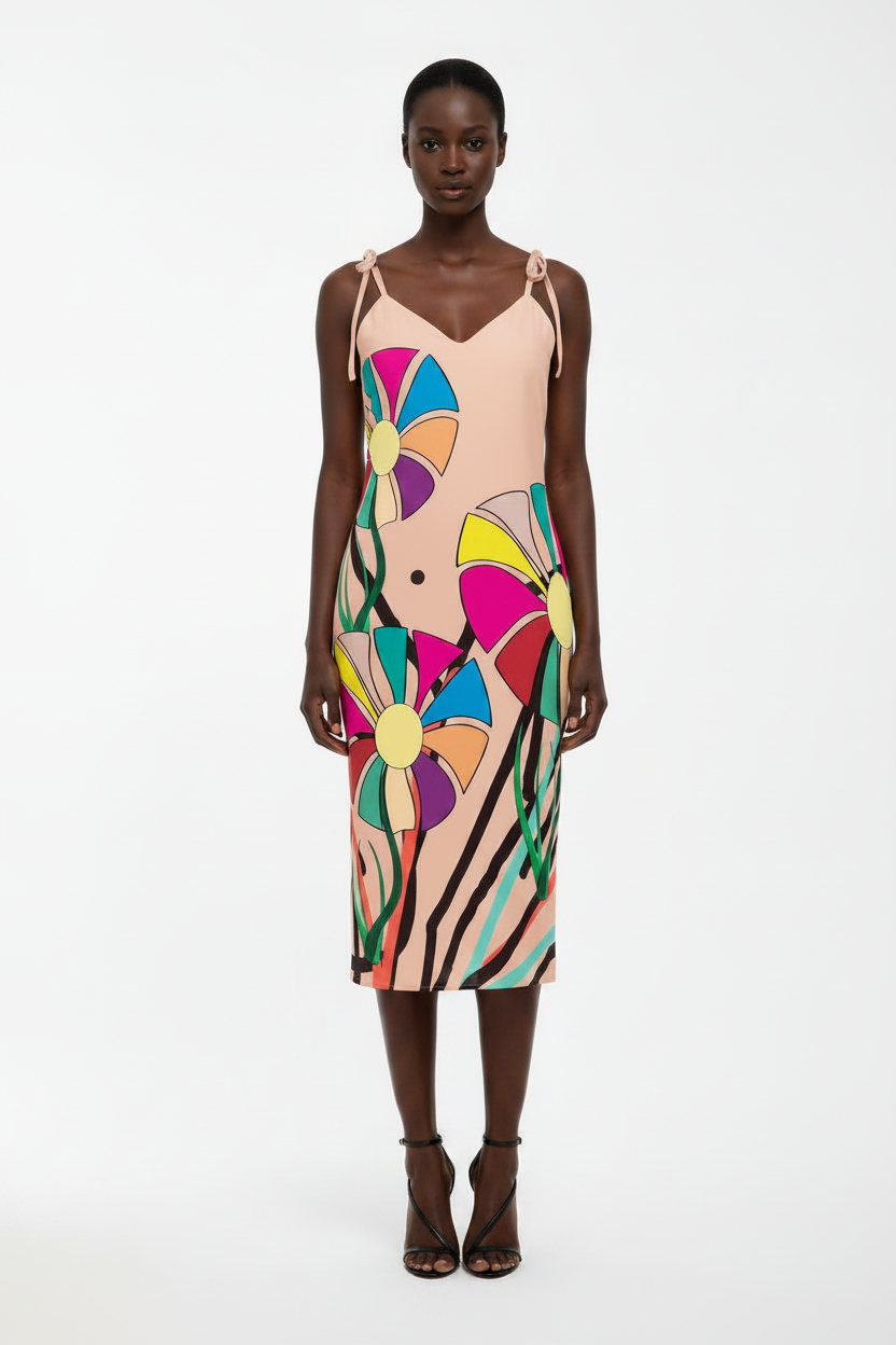 Model wearing a colorful floral dress on a white background