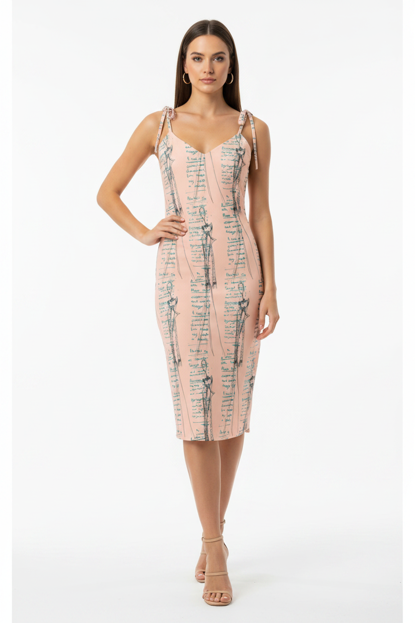 Woman wearing a pink dress with black pattern on a white background