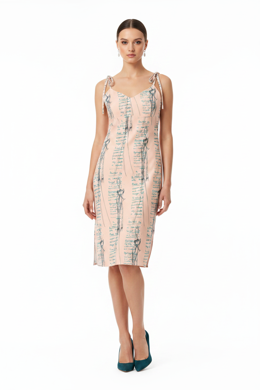 A model wearing a light pink sleeveless dress with a blue script and line print, paired with dark teal heels, photographed against a seamless white background.