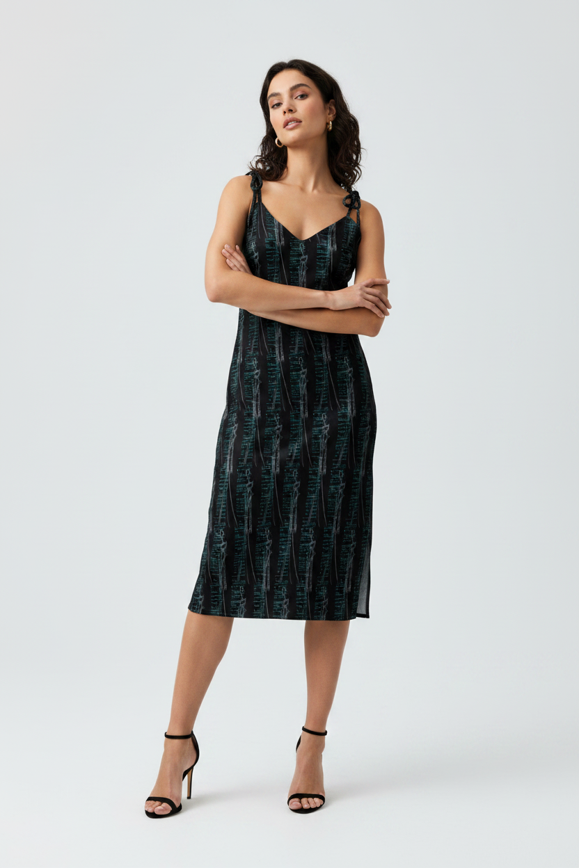 Woman wearing a black patterned dress on a white background