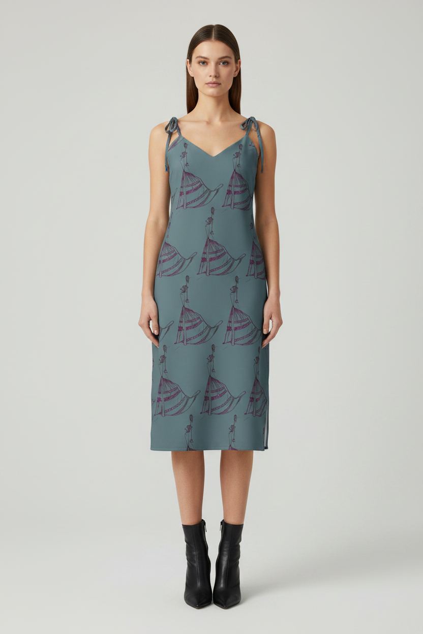 Woman wearing a blue dress with sailboat pattern on a white background