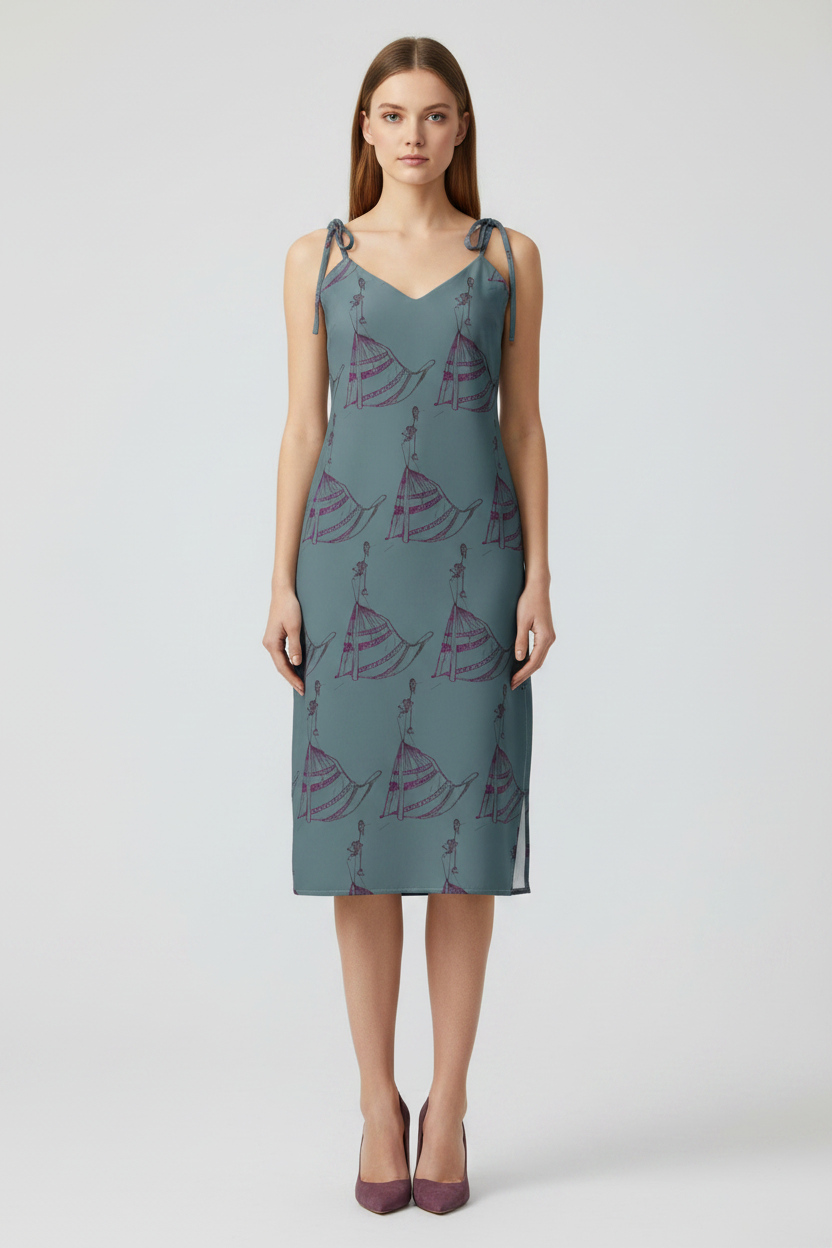 Woman wearing a patterned dress on a white background
