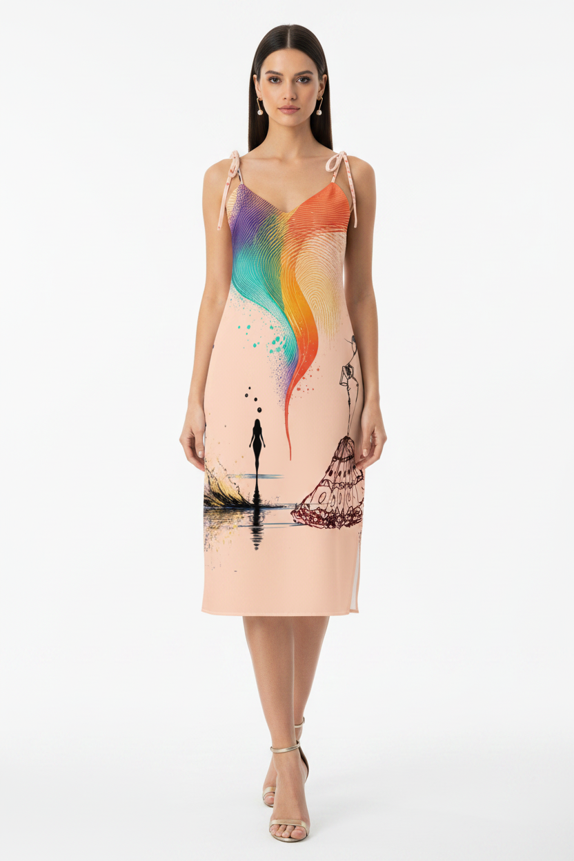 Woman wearing a dress with artistic design on a white background
