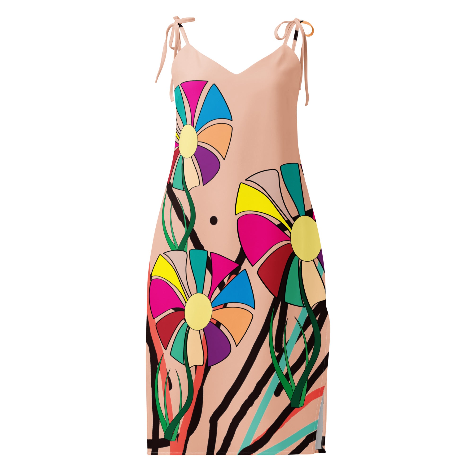 A sleeveless peach-colored slip dress with tie-shoulder straps, featuring a vibrant, multicolored abstract floral and zebra-stripe print on a solid white background.