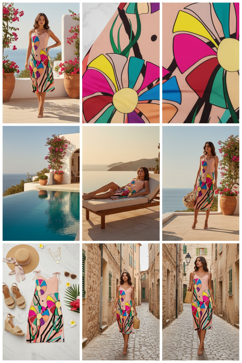 A collage of six images showcasing a model wearing an APPARELHUE maxi slip dress made from smooth peach satin with a vibrant, colourful floral art print. The model is pictured posing on a sunlit, Mediterranean-style stone terrace overlooking the sea, highlighting the dress from the front, back, and in a seated position. Close-up shots display the fine fabric details, the flowing skirt movement, and a flat lay of the dress alongside summer accessories.