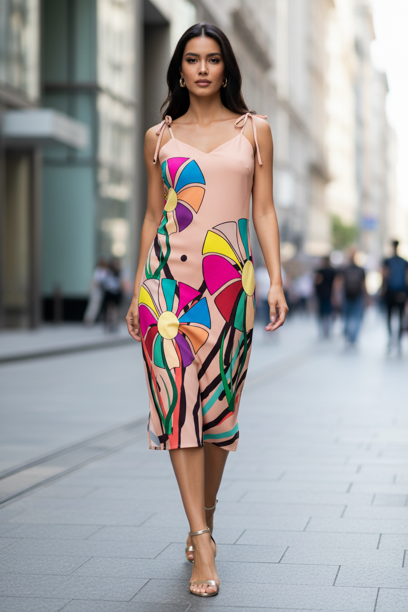 A woman walks down a city street wearing a sleeveless midi dress with a peach base and a bold, multicolored geometric and floral-inspired print. The dress features thin shoulder straps, a V-neckline, and a fitted silhouette.