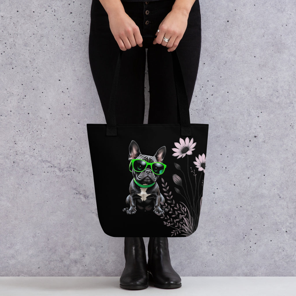 Eco-friendly shopping bag with a French Bulldog illustration and blue daisy design on a light background.