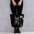 Eco-friendly shopping bag with a French Bulldog illustration and blue daisy design on a light background.