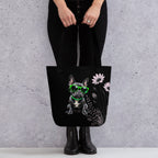 Eco-friendly shopping bag with a French Bulldog illustration and blue daisy design on a light background.