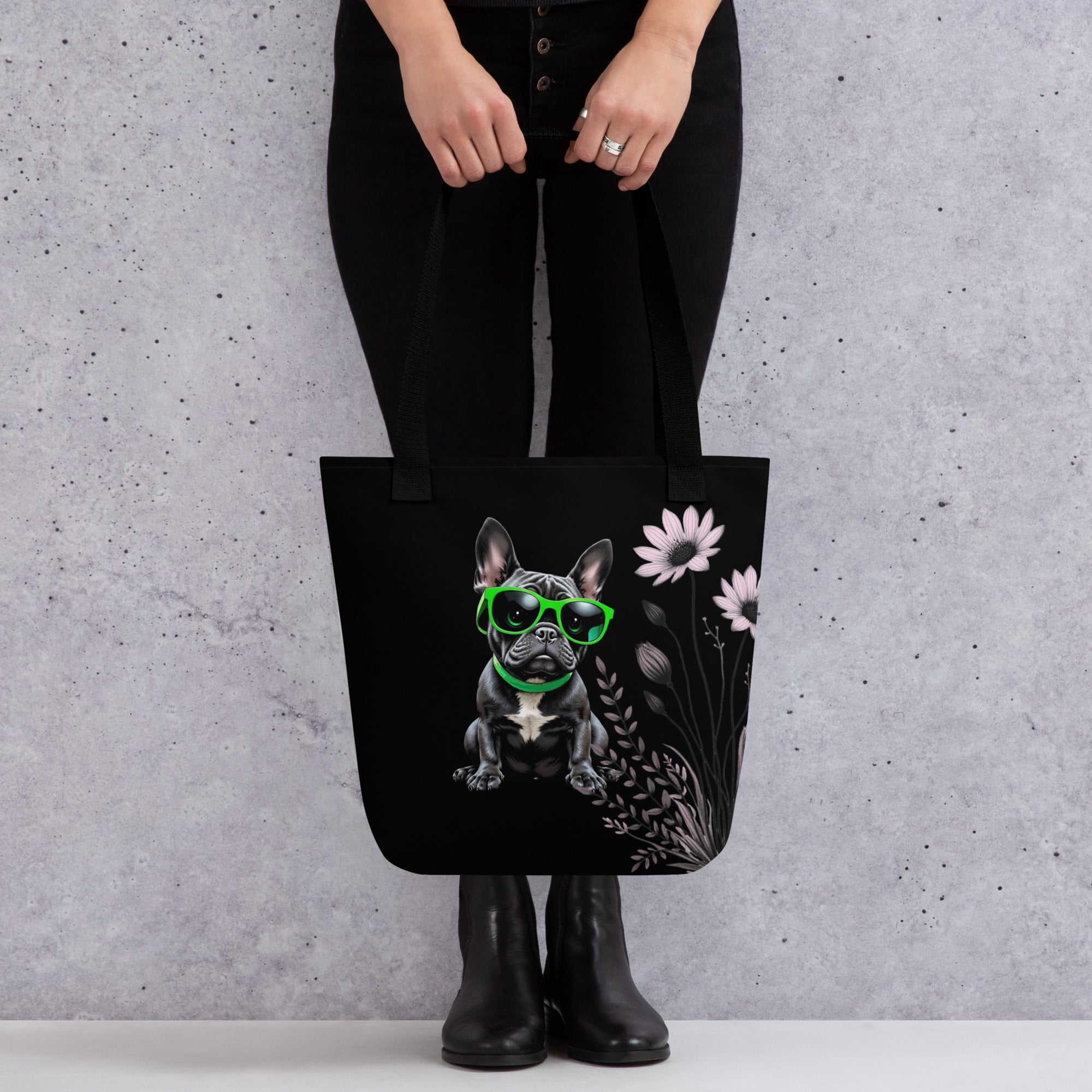 Eco-friendly shopping bag with a French Bulldog illustration and blue daisy design on a light background.