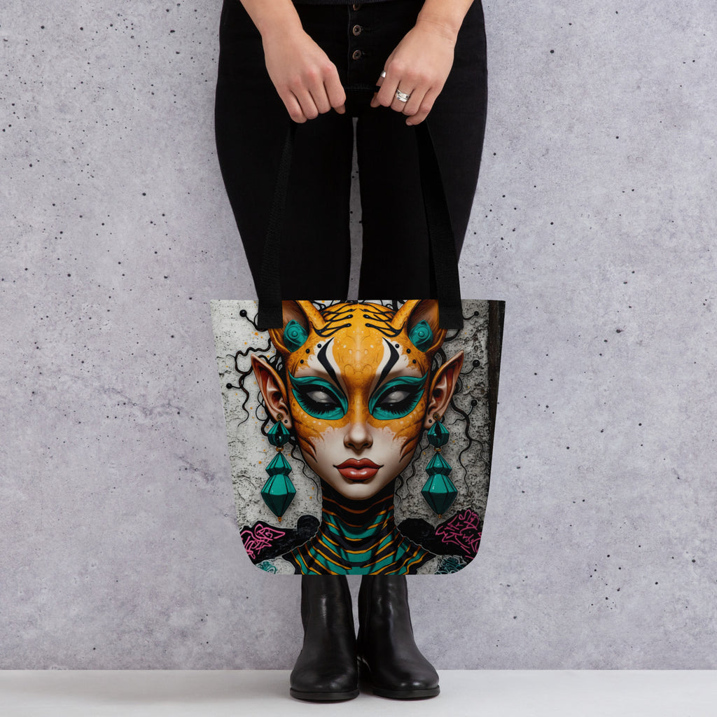 Artistic tiger woman portrait canvas bag with vibrant gold and turquoise street art design.