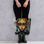 Artistic tiger woman portrait canvas bag with vibrant gold and turquoise street art design.