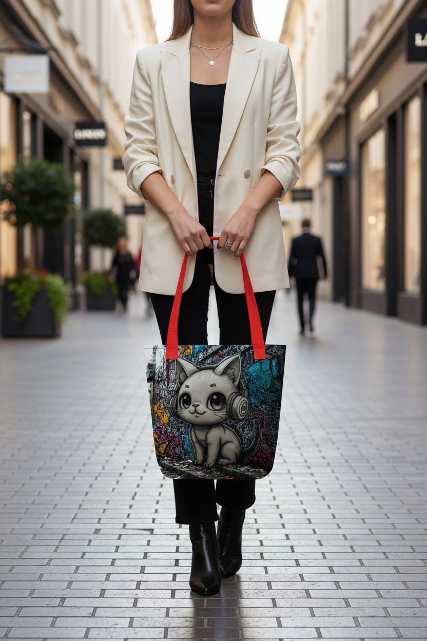 Person holding a tote bag with a cat design on a city street