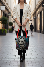 Person holding a tote bag with a cat design on a city street