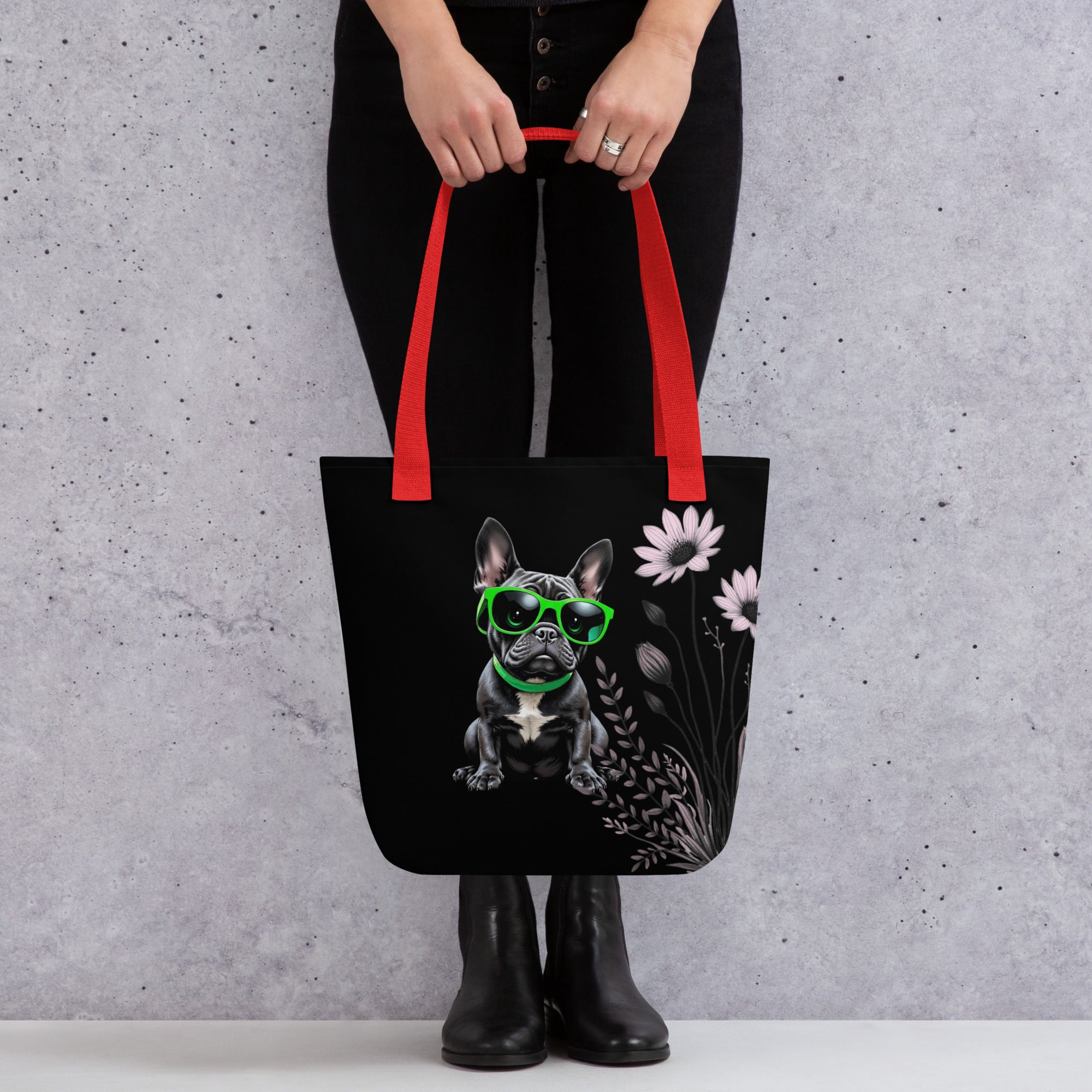 Apparelhue neutral cream canvas tote with a funky black Frenchie and elegant line-art flowers.