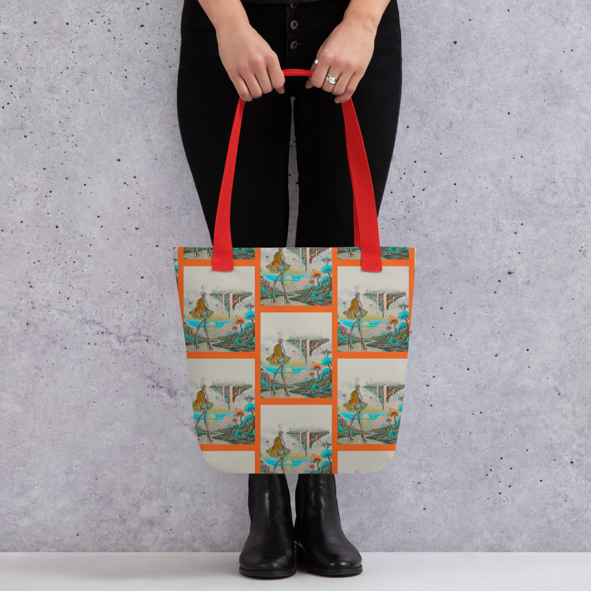 Spacious ethereal art tote bag with bold colourful landscape illustration for everyday use