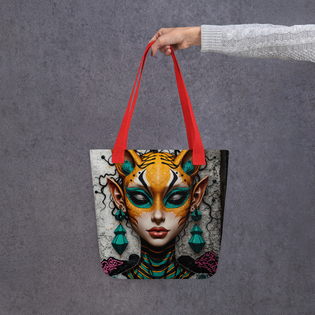 Apparelhue tiger goddess tote bag featuring urban graffiti art and teal geometric jewellery.