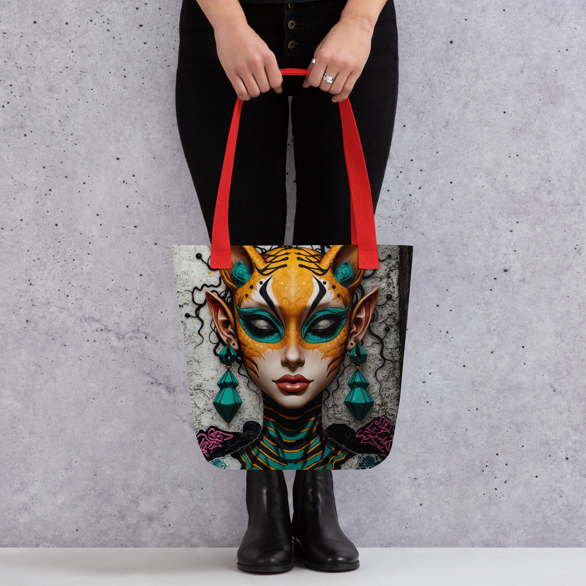 Apparelhue designer tote bag showing a mystical tiger woman with teal earrings and graffiti background.