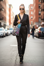 Woman in a black suit walking on a city street with a colorful bag.