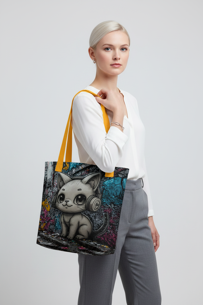Cute Cat with Headphones Tote Bag