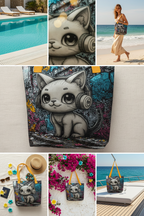 A collage showing a tote bag with a cartoon cat illustration in multiple lifestyle settings: by a swimming pool, on a beach, and on a boat deck. The main central panel shows the tote bag clearly against a light neutral background.