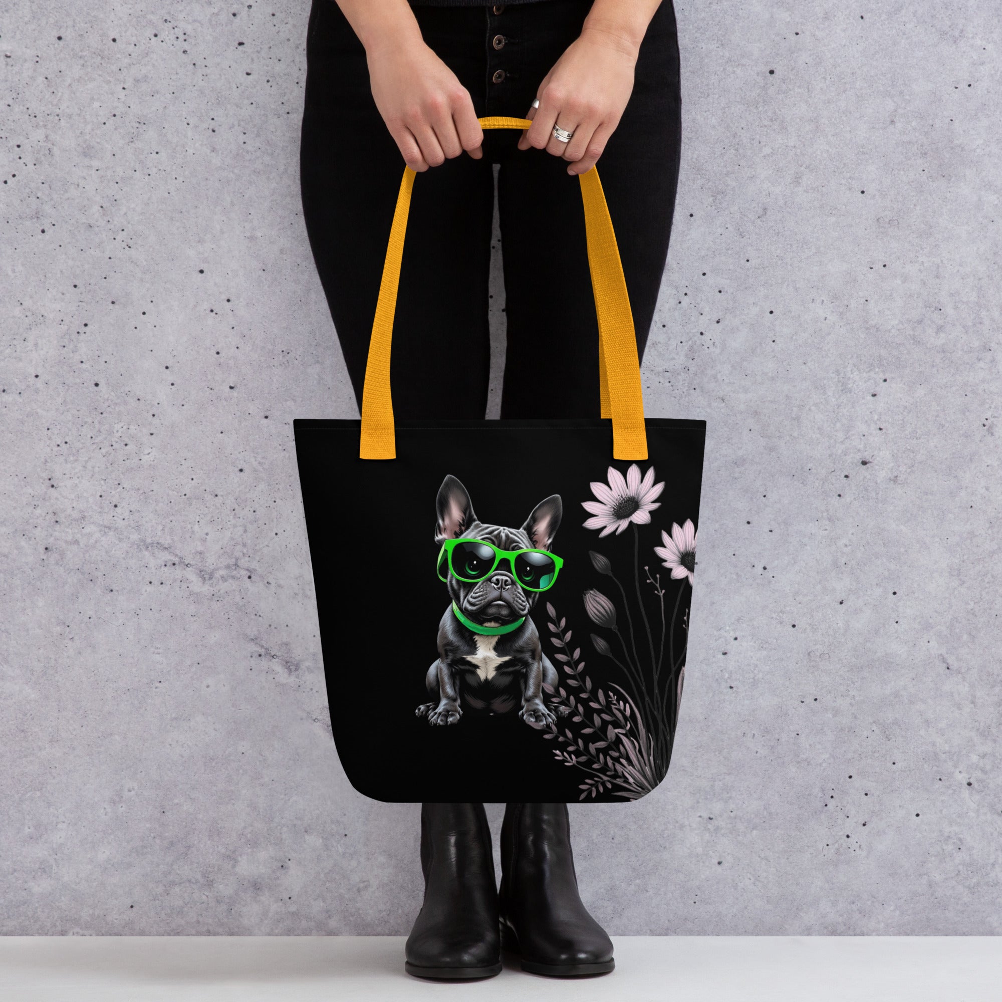 Trendy Frenchie gift bag in cream featuring a dapper dog with vibrant green accessories for pet owners.