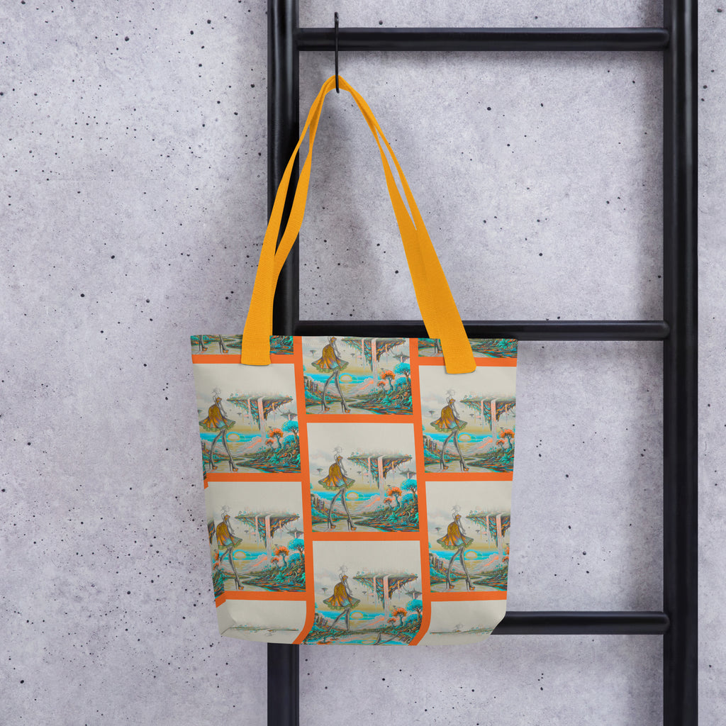 Artistic fashion tote bag featuring vibrant fantasy landscape design carried over shoulder