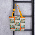 Artistic fashion tote bag featuring vibrant fantasy landscape design carried over shoulder