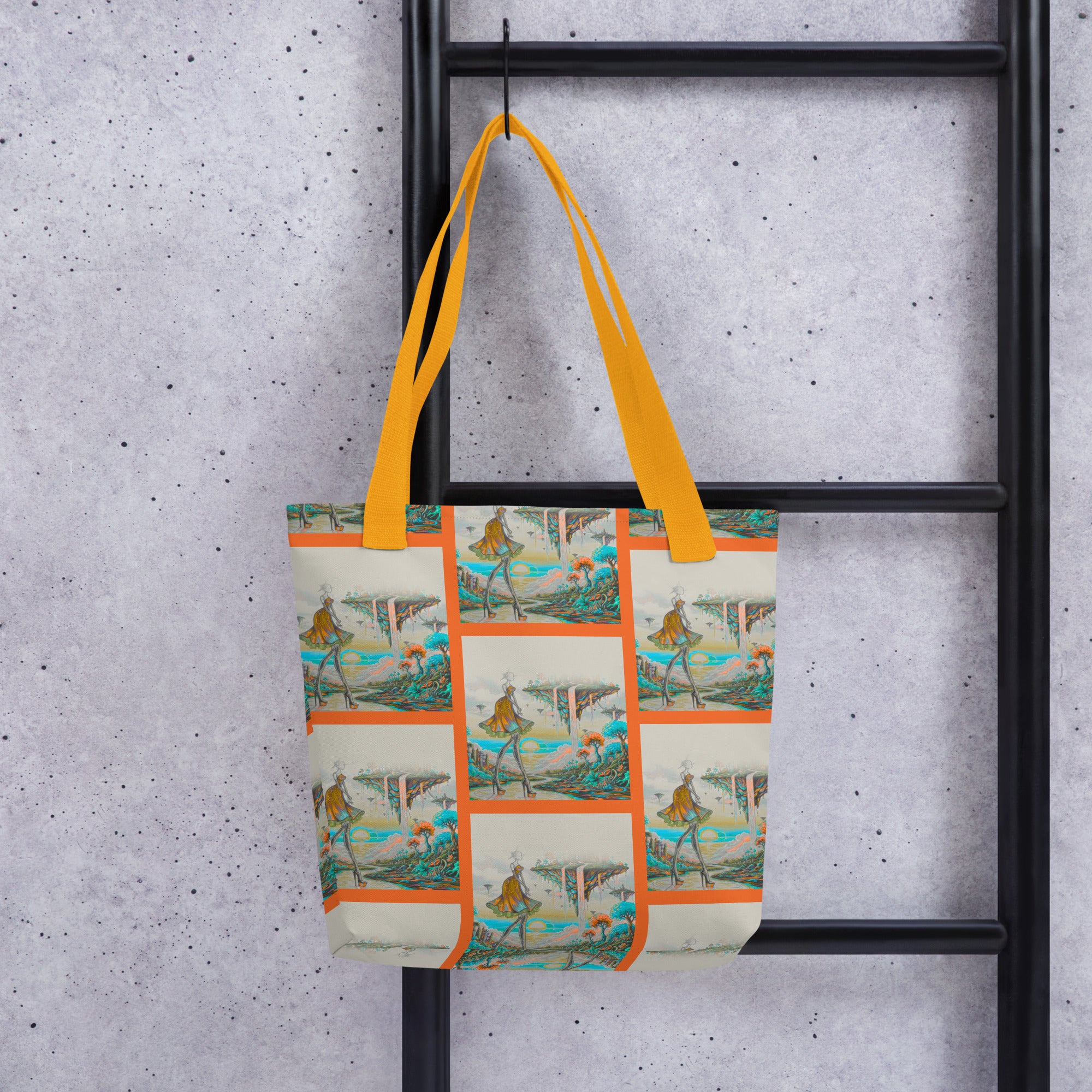 Artistic fashion tote bag featuring vibrant fantasy landscape design carried over shoulder