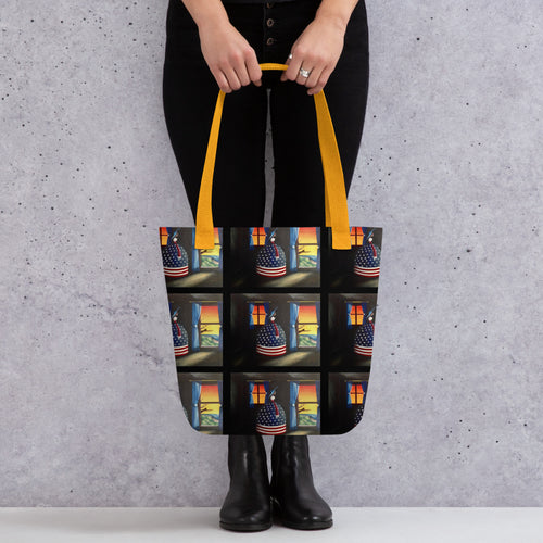 Apparelhue tote bag featuring a vibrant, multicoloured abstract art print on durable white canvas.