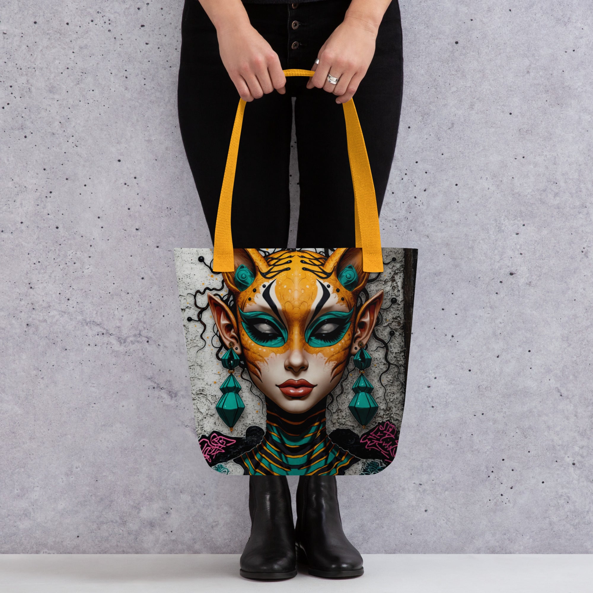 Unique street art inspired tiger goddess handbag for alternative fashion and urban style.