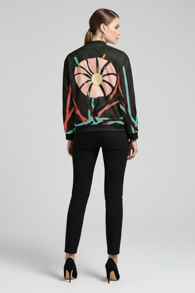 Person wearing a black jacket with colorful abstract design and black pants on a light gray background