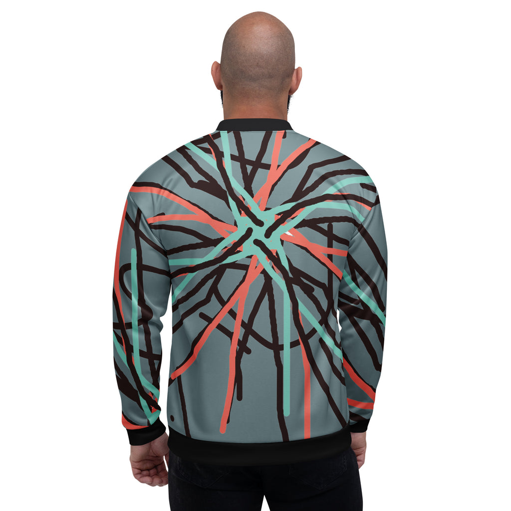 Wide shot of the heartbeat print jacket being worn at a gallery, showcasing it as a bold fashion statement.
