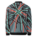 Back view of the unisex abstract art bomber jacket showing the continuous heartbeat rhythm design