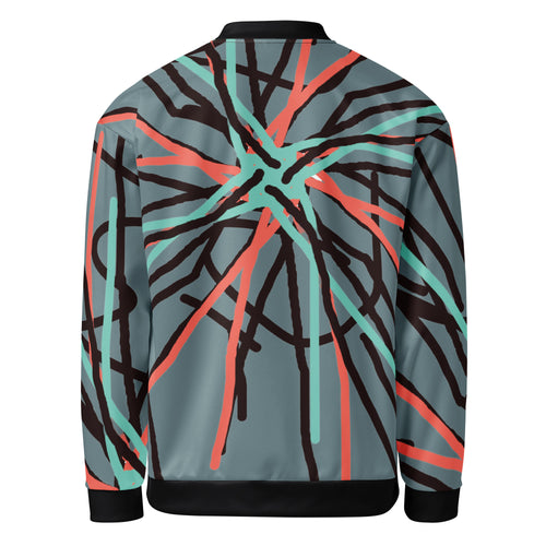 Back view of the unisex abstract art bomber jacket showing the continuous heartbeat rhythm design