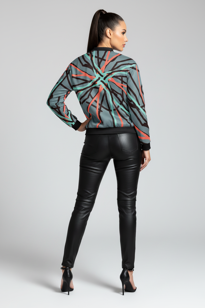 Woman wearing a patterned sweater and black leather pants on a gray background