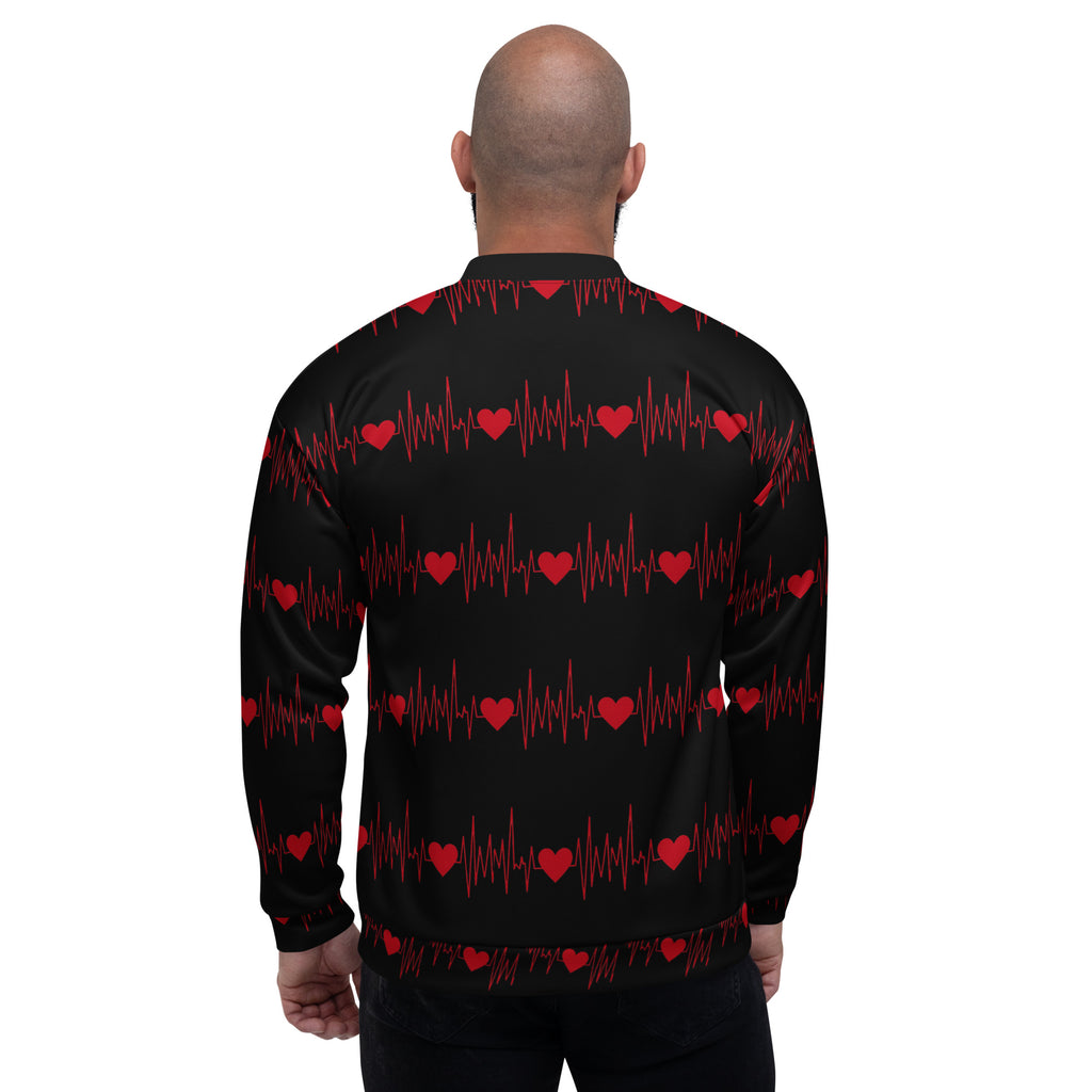 Stylish black bomber jacket with a symmetrical red heartbeat design for urban wear.