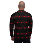 Stylish black bomber jacket with a symmetrical red heartbeat design for urban wear.
