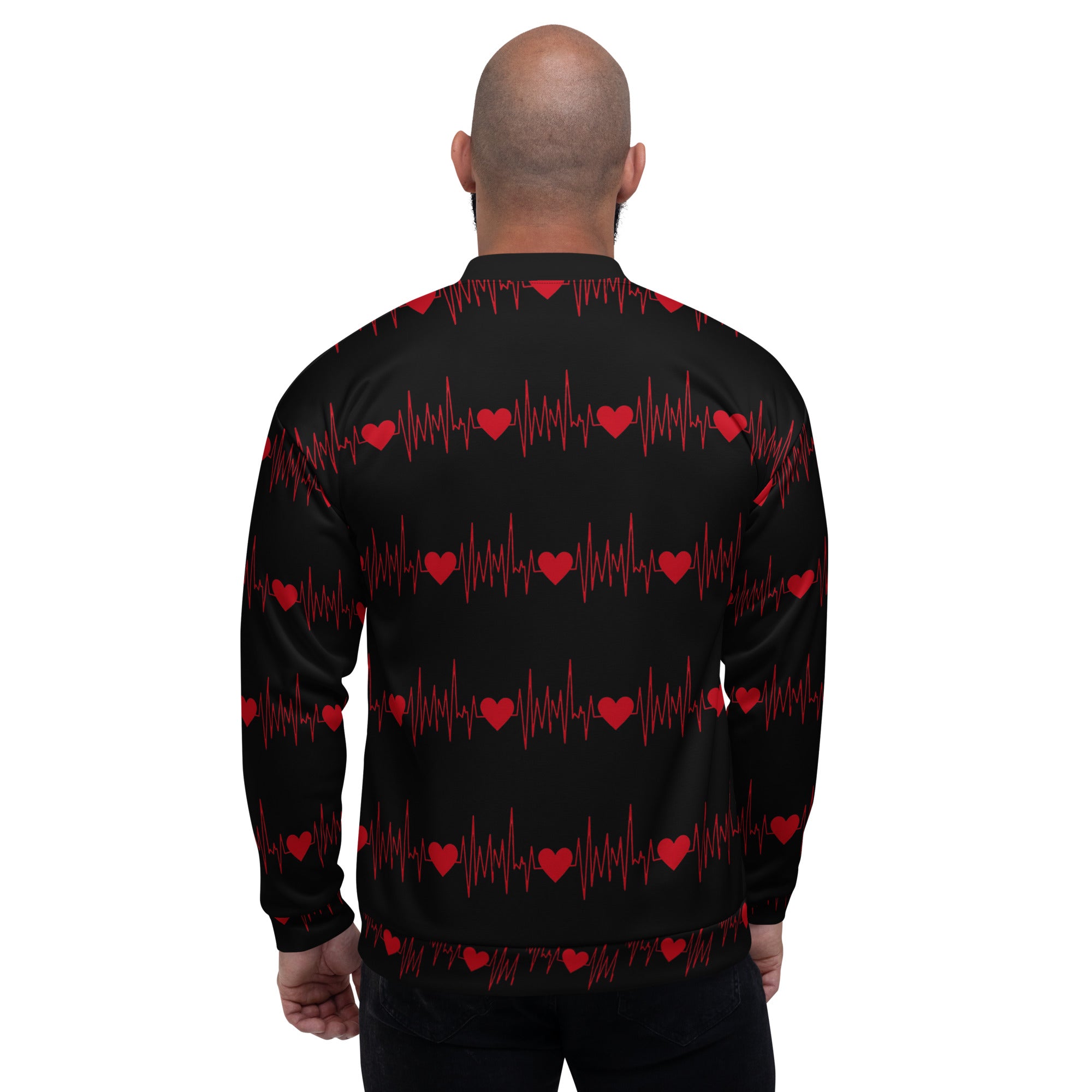 Stylish black bomber jacket with a symmetrical red heartbeat design for urban wear.