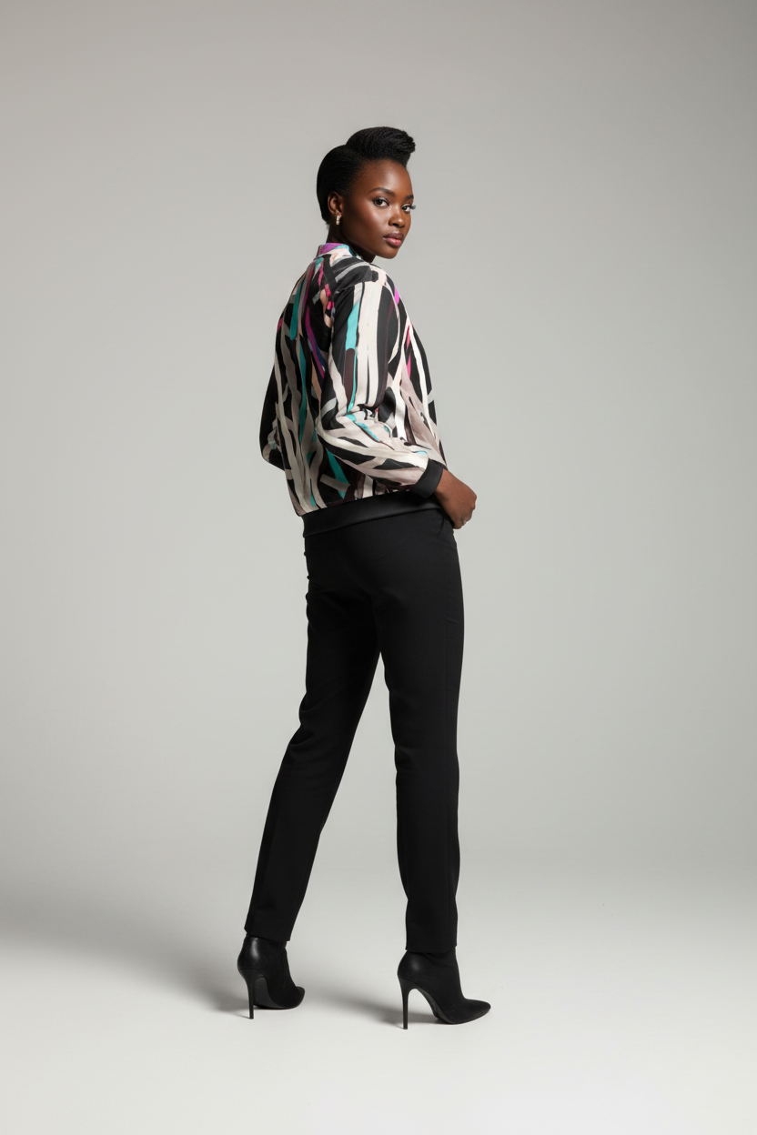 Woman wearing a patterned blouse and black pants on a gray background
