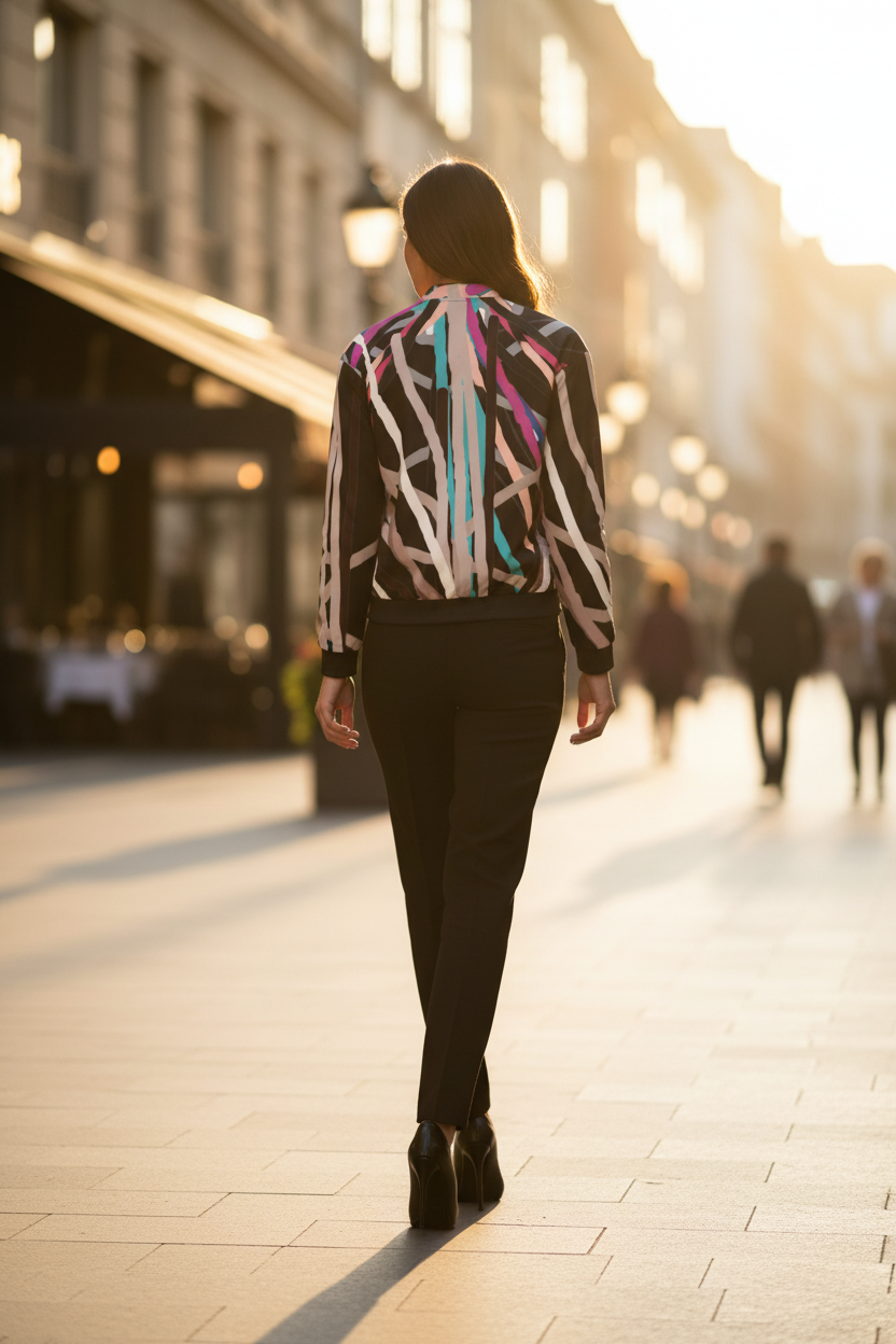 Person wearing a colorful jacket walking on a city street with sunlight filtering through.