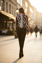 Person wearing a colorful jacket walking on a city street with sunlight filtering through.