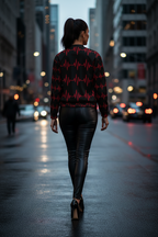 A woman viewed from behind walking down a wet city street at dusk, wearing a black long-sleeve top with a red heartbeat line pattern and black faux-leather pants.