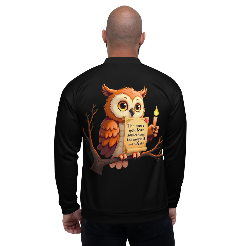 High-definition sublimation print details on a white unisex bomber jacket.
