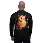 High-definition sublimation print details on a white unisex bomber jacket.