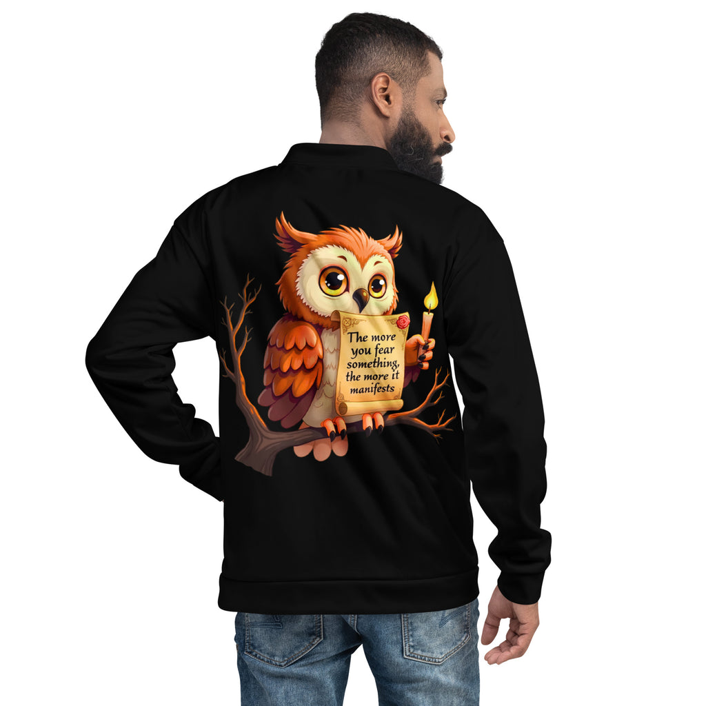 Lifestyle shot of a man wearing the Apparelhue owl bomber jacket with black jeans.