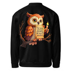 Back view of Apparelhue unisex bomber jacket with detailed owl feather pattern.